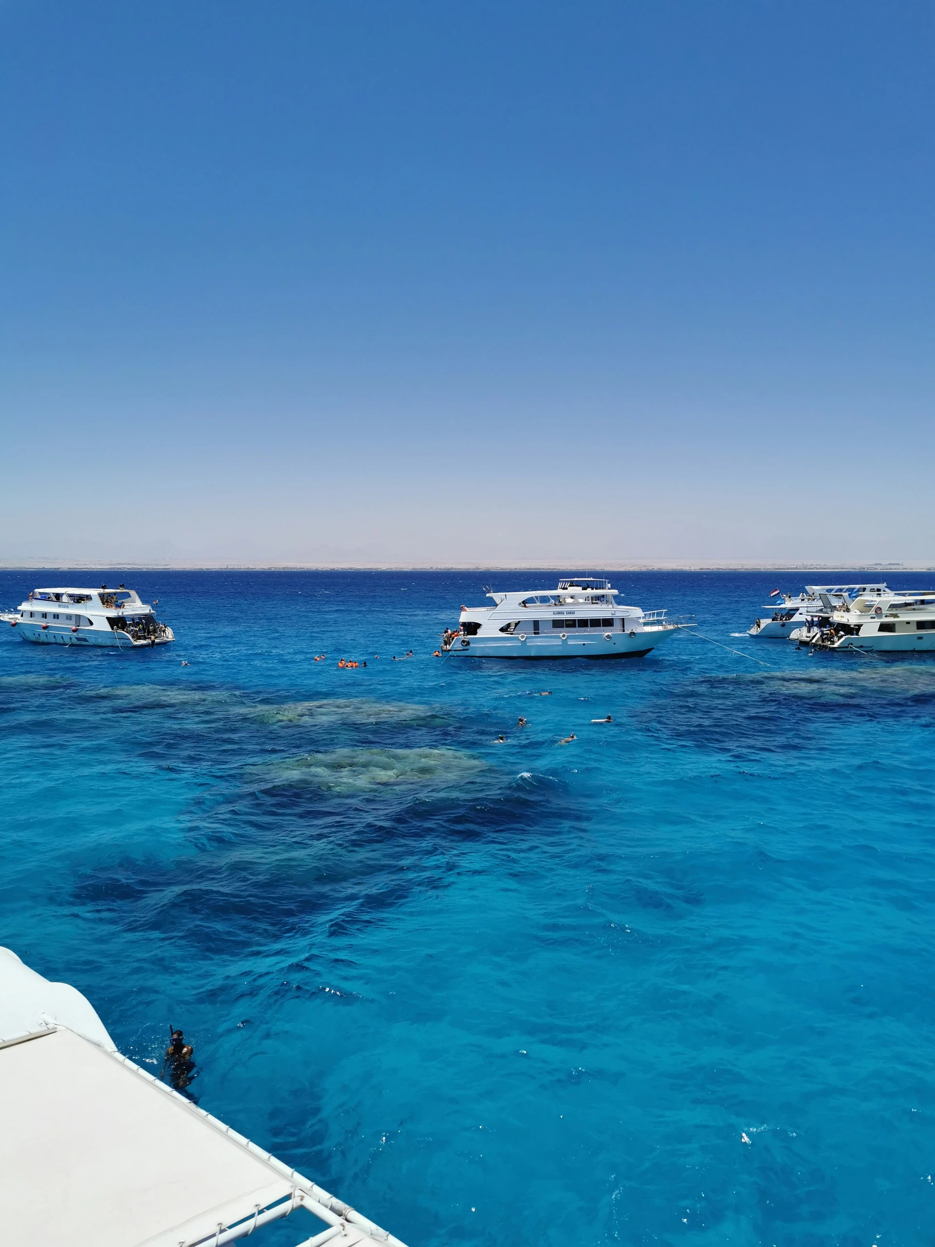 Bateaux de safari au mouillage au-dessus d'un récif de la mer Rouge, nageurs en gilet de sauvetage à la surface et plongeur sur la plateforme arrière